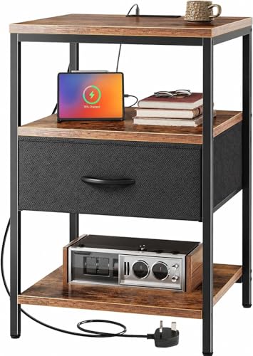 KAPEICamper Nightstand with Charging Station, Bed Side Table with Adjustable Fabric Drawer, Night Stand for Bedroom, 3-Tier Storage End Table, for Living Room, Rustic Brown and Black