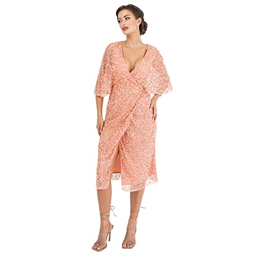 Maya Deluxe Womens Midi Ladies Sequin Embellished Cape Sleeve Wrap Dress for Wedding Guest Bridesmaid Cocktail Prom Evening Vestito, Apricot Blush, 58 Donna