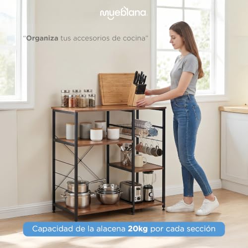MUEBLANA - Alacena organizador cocina – Con estantes, canastillas y colgadores – Acero y madera – Compacta, resistente al agua y fácil de armar – 90x40x85 cm – Capacidad 20kg por nivel