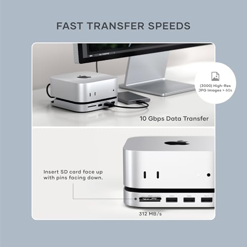 Satechi Mac Mini M4 Hub & Stand with NVMe SSD Enclosure, Dock with 2 USB-A Up to 10Gbps Ports, USB-A Data Port, SD Card Reader for Mac Mini M4, M4 Pro, Optimized Self-Cooling - Silver