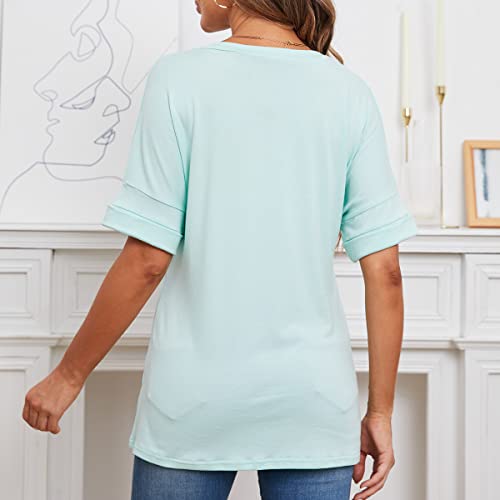 HELLOPOPGO WOMENS T SHIRTS SHORT SLEEVE LOOSE TEE TOPS CASUAL V NECK TSHIRTS (X-LARGE,LM01_LIGHT GREEN)