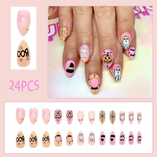 Halloween Press on Nails Short Almond Fake Nails Pink Acrylic Nails Press on Matte Full Cover False Nails with Cobweb Pumpkin Designs Halloween Cute Glue on Nails Short Stick on Nails for Women 24Pcs - Image 2
