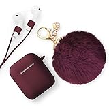Xmifer AirPods Case, Cute Airpods Case Keychain Drop Proof (Silicone Skin for AirPods Charging Case 2/1) with Fluffy Fur Ball Keychain and Airpods Anti-Lost Strap for Airpods 2/1(Wine)