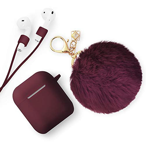 Xmifer AirPods Case, Cute Airpods Case Keychain Drop Proof (Silicone Skin for AirPods Charging Case 2/1) with Fluffy Fur Ball Keychain and Airpods Anti-Lost Strap for Airpods 2/1(Wine)