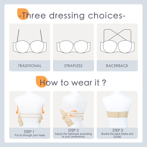Natapar Women Strapless Bras, Beauty Back Smooth Multiway Demi Underwire Bra Push Up Invisible Nude