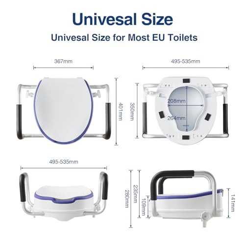 ANNWA Adult Toilet Booster Seat with Armrests and Lid, Raised Toilet Seat 10 cm, Adult Toilet Booster Seat with Padded Handles, 200 kg Load, Post Surgery Toilet (N1FYT16)