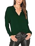 Dohia Women's Casual V Neck Chiffon Blouses Long Sleeve Loose Tops Shirt C2613 (L, DarkGreen)