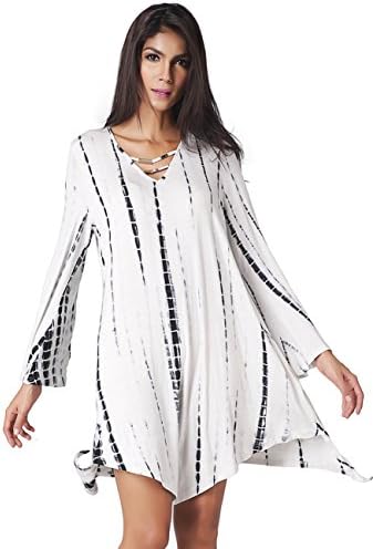 Lztlylzt Women's Long Sleeve Loose Casual Tunic T-Shirt Dress (XL,White)