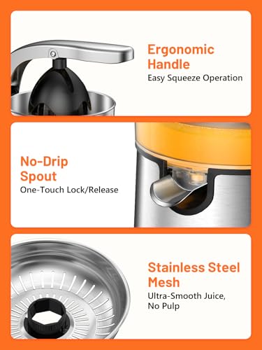 VINATO Electric Orange Squeezer with 2 Cones, Juice Extractor, Low Speed Juice Machine, Anti-Drip System and Easy Cleaning
