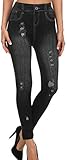 Simplicity Women's Denim Print Fake Jeans Seamless Footless Leggings,Dark Blue1