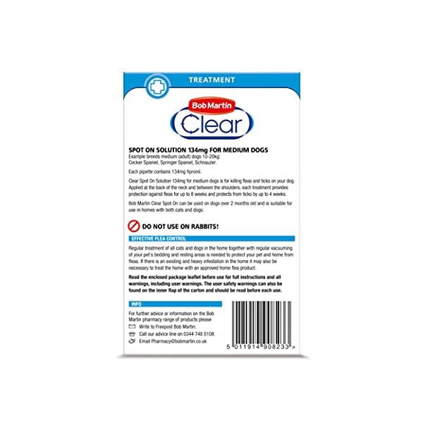Bob-Martin-Clear-Spot-On-Flea-Treatment-for-Medium-Dogs-10-20-kg-Kills-Fleas-Ticks-Lice-Fast-Control-24-Week-Protection-3-Pipettes Bob Martin Clear | Spot On Flea Treatment for Medium Dogs (10-20Kg) | Kills Fleas, Ticks & Lice | Fast Control, 24 Week…
