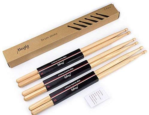 Mugig Drumsticks, 5A Wood Tip Hickory Drum Stick, for Kids,Adults, Professional and Beginner (3 Pairs)