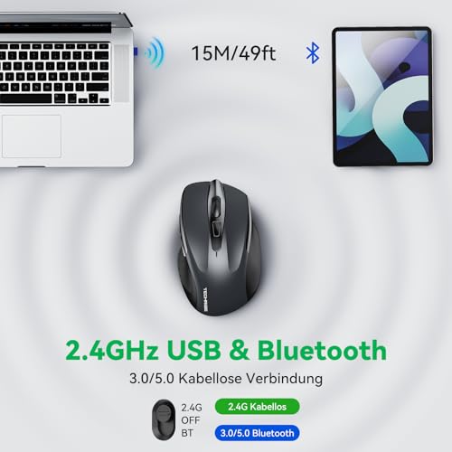 TechRise Bluetooth Mouse, 2.4G Mouse Wireless (BT 5.0/3.0 + 2.4G) 4800 DPI Rechargeable Ergonomic Mouse with USB-A Receiver, 6 Levels DPI Silent Wireless Mouse for Laptops, Computers, PC, Windows, Grey