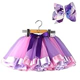 BGFKS Layered Ballet Tulle Rainbow Tutu Skirt for Little Girls Dress Up with Colorful Hair Bows (Purple Rainbow, M,2-4 Age)