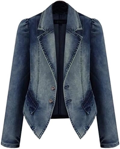 xiaokong Women's Sexy Lapel 2 Button Stylish Denim Coat Jacket Blue M
