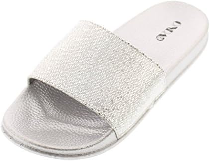 ONDA Women's Sindy Shiny Metallic Pool Slide Platform Flat Sandal with Contoured Comfort Footbed Silver 10 US