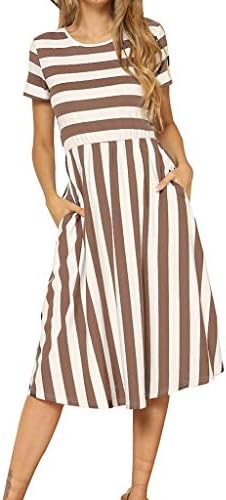 Summer Casual Beach Daily Dress, Bestoppen Women Fashion Short Sleeve Striped Print Pockets Casual Swing Midi Dress for Ladies, Simple T-Shirt Sundress