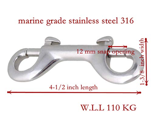 AOWISH 2-Pack 316 Stainless Steel Double Ended Bolt Snap Hook 4-1/2'' Double End Snaps Hooks Scuba Diving Clips[Marine Grade] for Water Bucket/Dog Leash/Pet Feed Bucket&Hammock/Horse Tack/Keys & More - Thumbnail 2