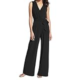 INIBUD Jumpsuits for Women Surplice Self-Tie Sesh Wide Leg Sleeveless V Neck Chiffon (Black, US M (Asian Tag L))