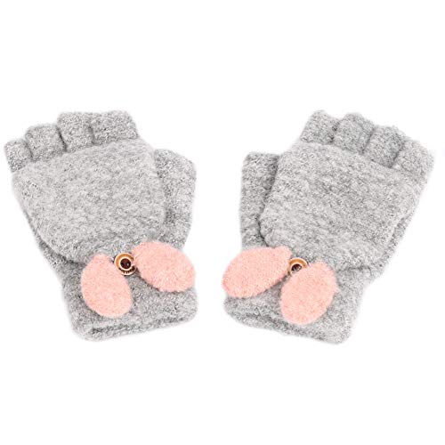 Unisex Kids Glove,Wool Knitted Convertible Flip Top Gloves Mittens with Mitten Cover Winter Warm Half Finger (Grey)