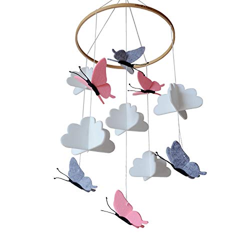 Sorrel and Fern Crib Mobile Butterflies in the Clouds Grey and Pink Baby Ceiling Nursery Decor with Natural Wooden Teether
