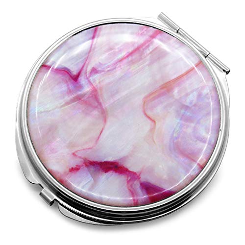 Makeup-Compact-Pocket-Mirror-Mother-of-Pearl-Metal-Round-Double-Sided-Folding-Magnify-Marble-Pink