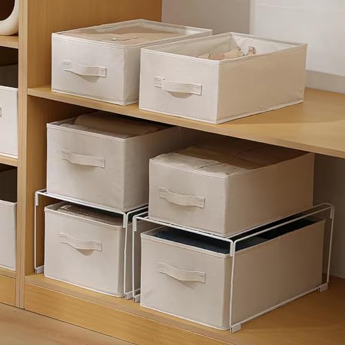 SULUNZEGER Drawer Organiser, 2 Pack Stackable Clothes Storage Box with 1 Pack Foldable Metal Closet Organizer Rack, Wardrobe Bag for Cupboard Cabinet Home Storage, (Beige) (1 set)