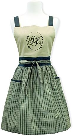 Home Bene 100% Cotton Grace, Cute H-back Kitchen Apron for Women, Cooking Apron Navy Stripes,Luxurious Embroidery Pattern Top,Waist Ties,Two side Pockets,Perfect for Cooking, Baking, Barbecuing, Blue