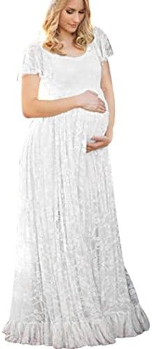 TAORE TAORE Sexy Maternity Dress Sheer Lace Gown Short Sleeve Maxi Photography Dress (L, White)