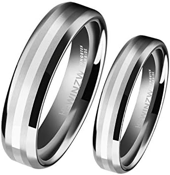 Tungsten Rings for His and Her Center 6mm/8mm Inlaid 14k White Gold Mens Womens Couple Wedding Band Comfort Fit