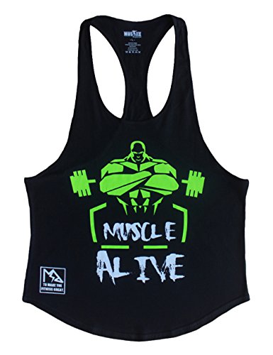 MUSCLE ALIVE Mens Bodybuilding Stringer Tank Tops Cotton Racerback Arch Hem Black Color Size L