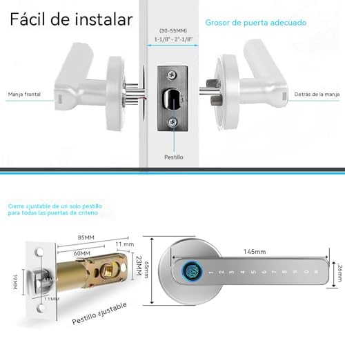 Cerradura Electrónica Inteligente - Chapa Inteligente para Puerta 5 en 1: Huella Digital, TuYa APP, Contraseña, Llave Mecánica y Tarjeta IC, Fácil de Instalar, Alta Seguridad