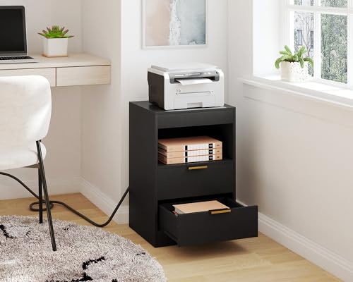 Yusong LED Nightstand Bedside Table with Charging Station 2 Drawers, Black Modern Sofa Couch End Side Table with LED Lights and Pull-Out Shelf for Bedroom Living Room, Wooden