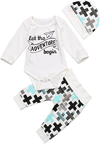 Newborn Baby Boy Girl 3pcs Daily Outfit Letter Print Romper+Plus Sign Pants+Hat (0-3M, White)