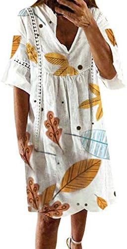 Fhuuly Summer Women's Cotton Linen Crew Neck Dresses Hollow Out Splice Loose Dress, Ladies Boho 3/4 Sleeve Mid-Long Dresses Summer Beach Midi Dresses