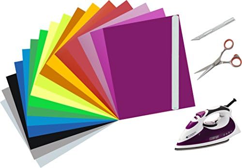 Heat Transfer Vinyl Sheets, Heat press 12x10” PU Iron On pack of 16 for T-shirts, Fabrics, HTV Durable Adhesive Bundle for Silhouette Cameo &amp; Cricut, Contains BONUS 1 Teflon Paper &amp; Inspiration Ebook!