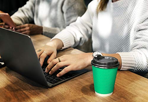 12oz Paper Coffee Cups With Lids and Straws, 100 Pcs Bulex Disposable To Go Coffee Cups Green Paper Cups for Hot Beverages
