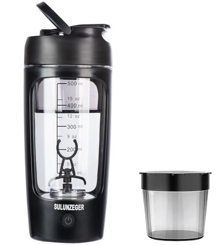 SULUNZEGER Protein Shaker Bottle Electric, Rechargeable Portable Blender with Powder Cup, Mini Protein Mixer for Gym, Food Processors Blenders for Juicer, Smoothie, Milk, (650ML, Black)
