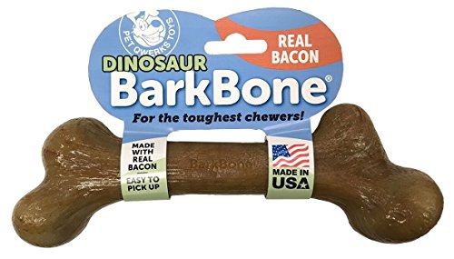 Pet Qwerks Dinosaur BarkBone with Real Bacon Dog Chew Toy for Aggressive Chewers, Made in USA