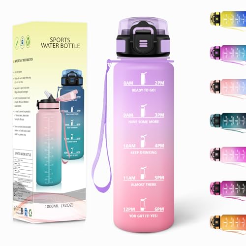 Motswedi Trinkflasche mit Strohhalm, 1L BPA-frei, Trinkflaschen Sport, Auslaufsichere, Trinkflaschen, Kohlensäure Geeignet, Wasserflasche für Fitness, Schule, Reisen, Büro, Hellviolett & Hellrosa