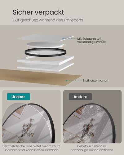 SONGMICS 50cm d Mirror Round Mirror Wall Mirror Metal Frame Easy Mount Modern Bathroom Living Room Bedroom Hallway Entrance Ink Black LWM101BD03