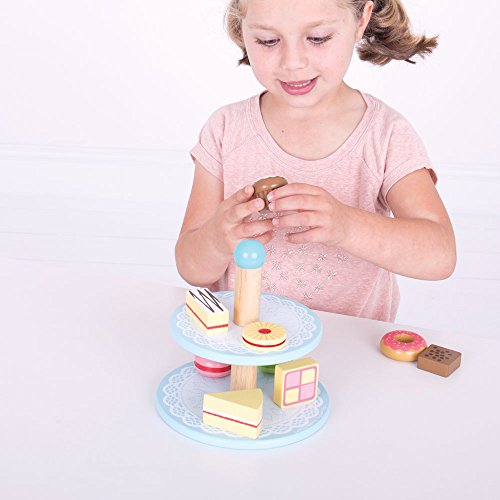Bigjigs Toys Wooden Cake Stand with 9 Wooden Cakes - Pretend Play and Role Play for Children