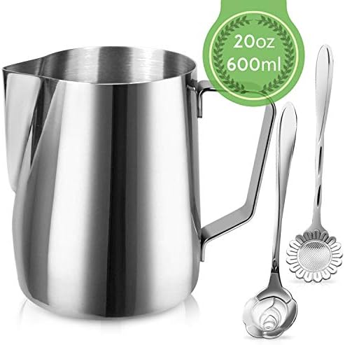 Milk Frothing Pitcher Jug - 20oz/600ML Stainless Steel Coffee Tools Cup - Suitable for Espresso, Latte Art and Frothing Milk, Attached Dessert Coffee Spoons