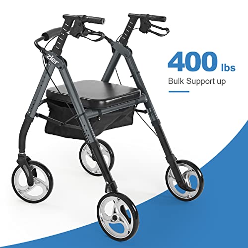 Zler Heavy Duty Rollator Walker 400 lbs Bariatric Rollator Walker with Extra Wide Padded Seat