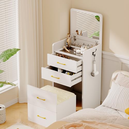 Lvifur Corner Dressing Table with Mirror, Corner Dressing Table with Stool, Large Storage Space with Drawers, Dressing Table for Apartment, Small Room