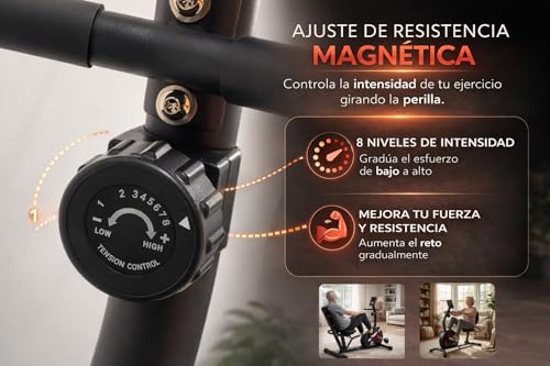 RESTSUKO Bicicleta Estática Reclinada Mayores, Bici Fija Magnética Silenciosa con 8 Niveles, Volante 2.6KG, Pantalla Monitor, Asiento Ergonómico, Soporta hasta 150 KG, Ideal para Gimnasio en Casa y Rehabilitación 123x63x100CM
