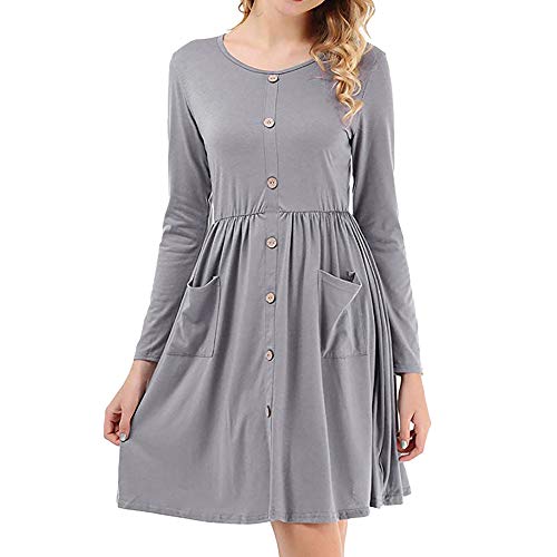 AMOFINY-Blouse Womens Button Cowl Neck Casual Slim Tunic Tops Long Sleeve Round Neck Dress