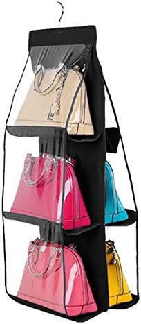 6 Pocket Handbag Anti-dust Cover Clear Hanging Closet Bags Organizer Purse Holder Collection Shoes Save Space (black)