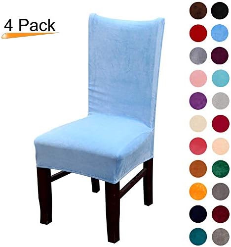 Velvet Stretch Spandex Plush Dining Chair Slipcovers -Chair Covers Solid Large Dining Room Chair Protector Home Decor (Sky Blue, Pack of 4)