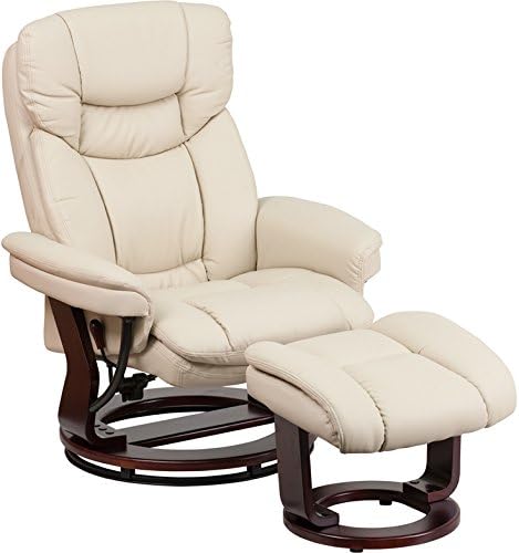 Judek Contemporary Black Leather Recliner/Ottoman with Swiveling Mahogany Wood Base (Beige)